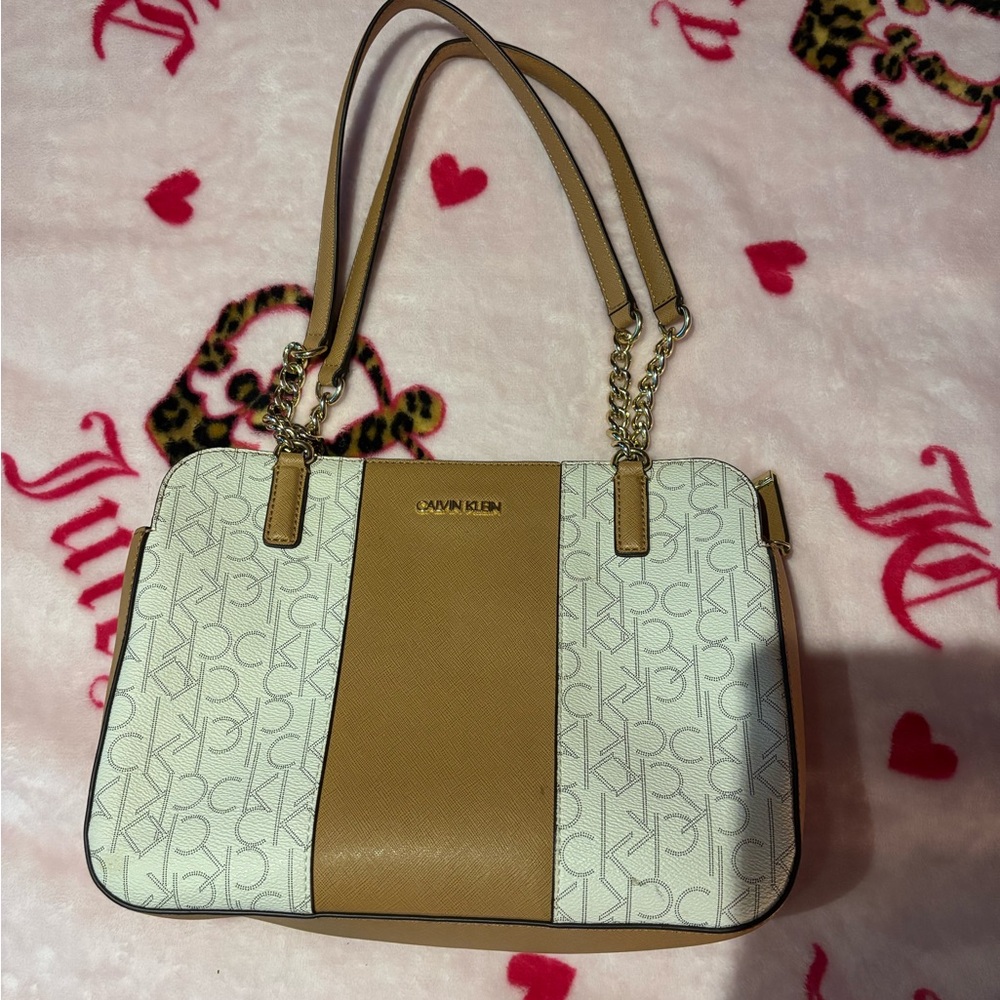 Calvin Klein Cream and Brown Shoulder Bag